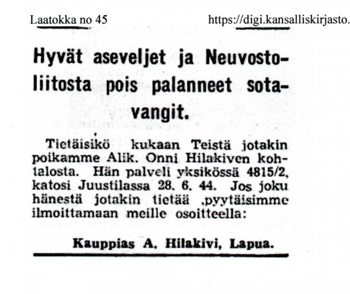 Katoamisilmoitus Laatokka-lehdessä 1945