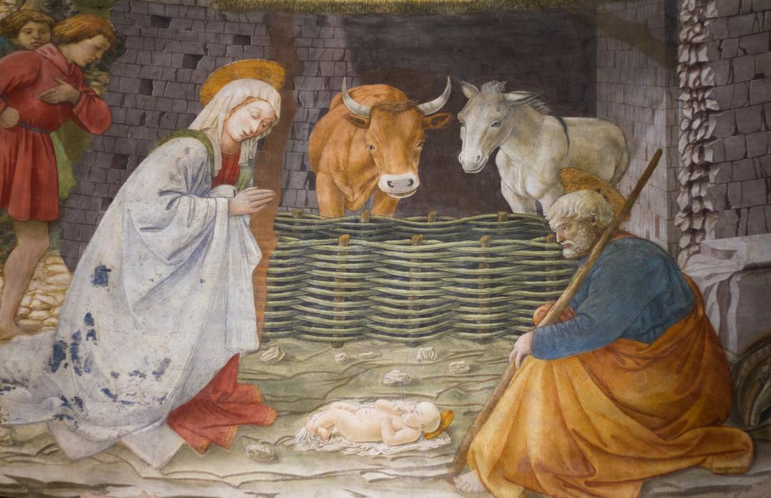 Jouluyön tapahtumat kuvattuna maalauksessa eli Jeesus-lapsi seimessä