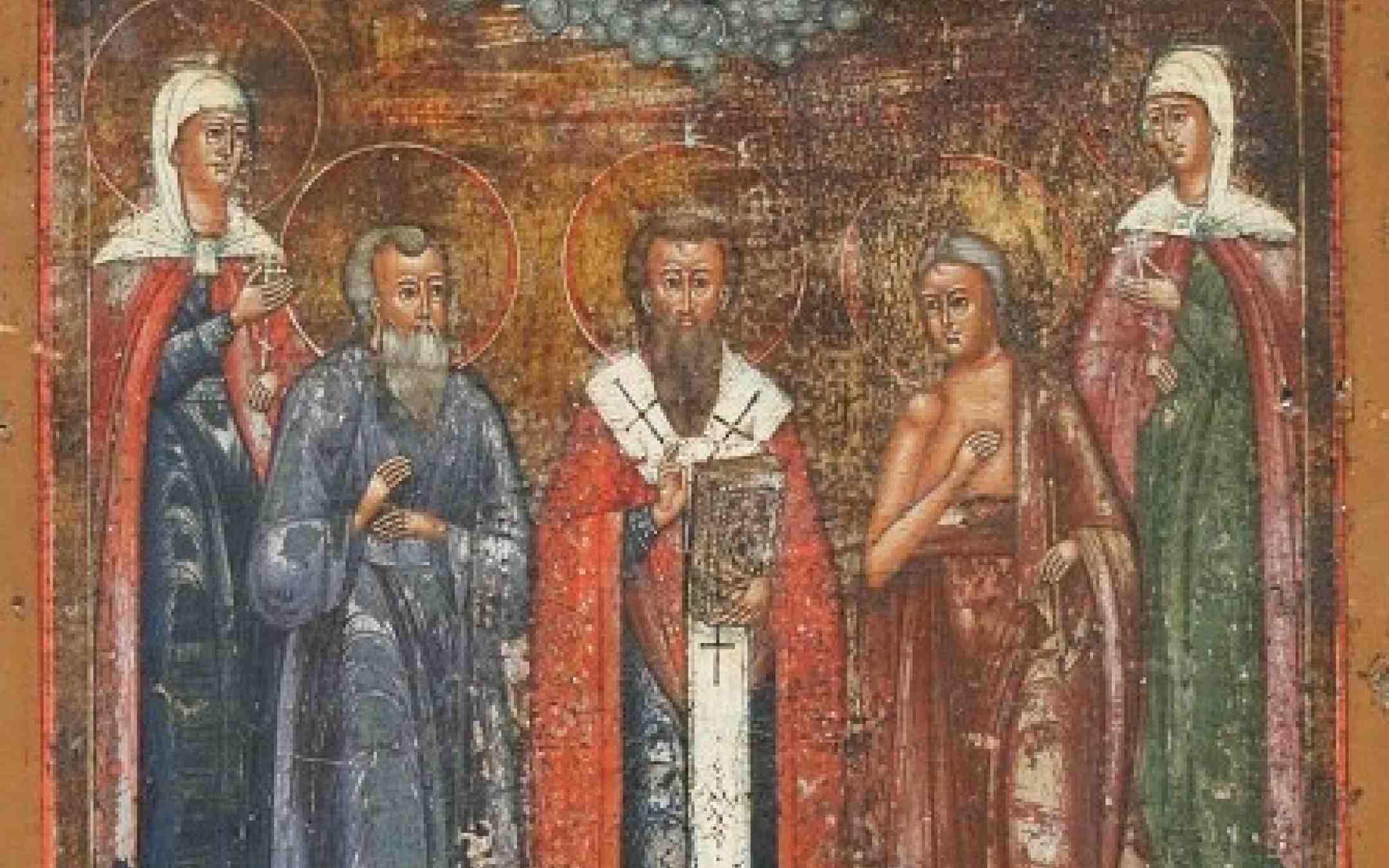 Maria Egyptiläinen Synkletike Basileios Suuri ja muita pyhiä ikonissa