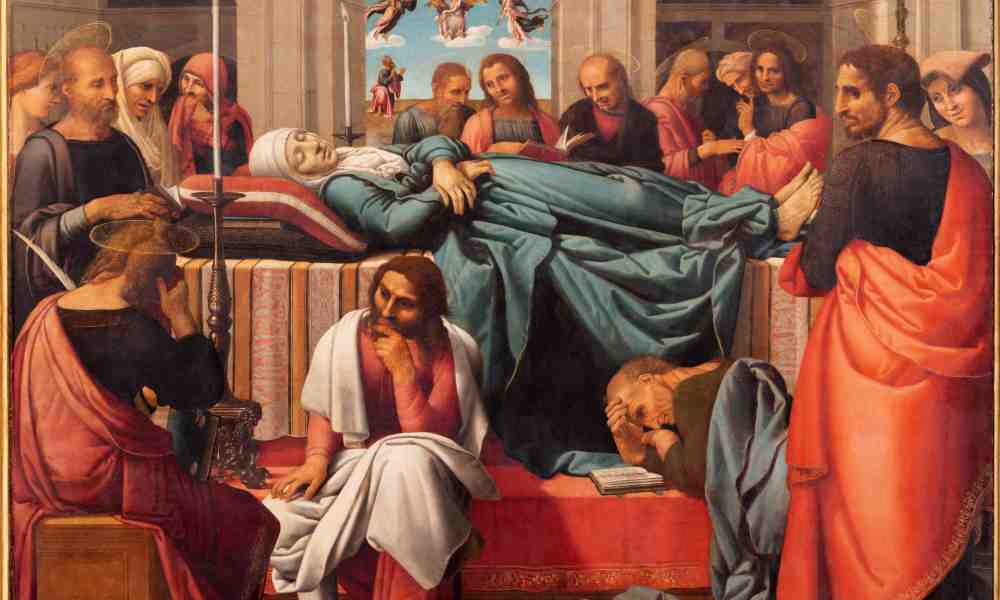 Jumalansynnyttäjän Neitseen Marian kuolonuneen nukkuminen maalauksessa kuvattuna