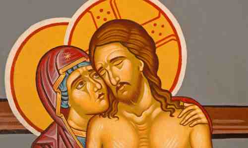 Kristus kuolleena ja Neitsyt Maria ikonissa Jerusalemissa ortodoksisen kirkon ovella 