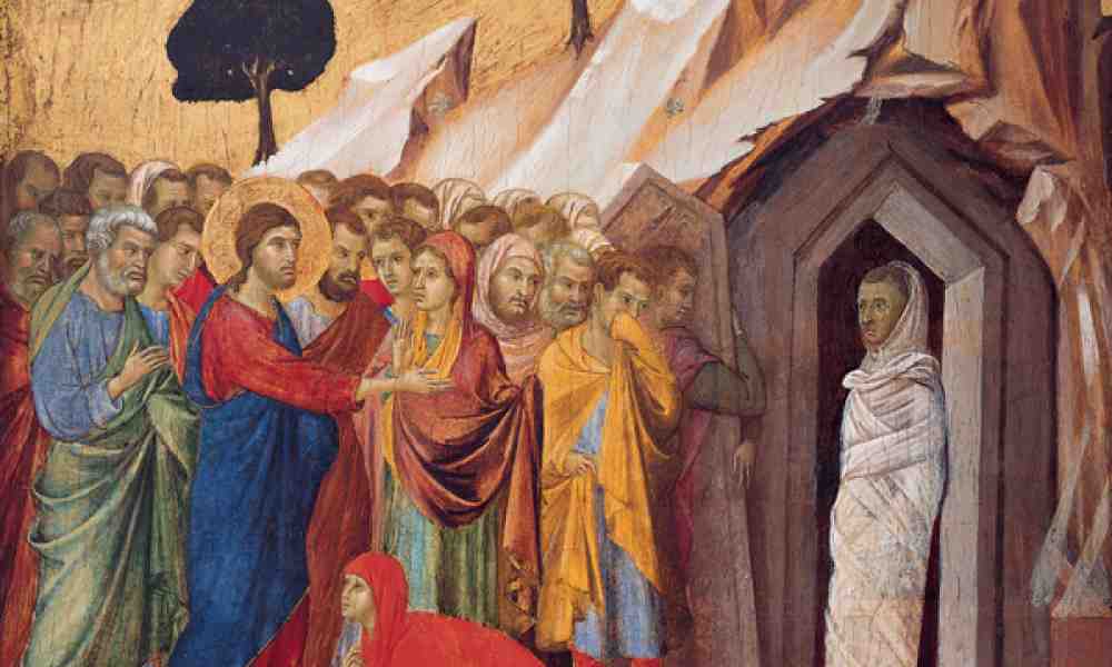 Maalauksessa Jeesus on juuri herättänyt Lasaruksen kuolleista ja Lasarus seisoo hautaluolan suulla väkijoukon katsellessa 