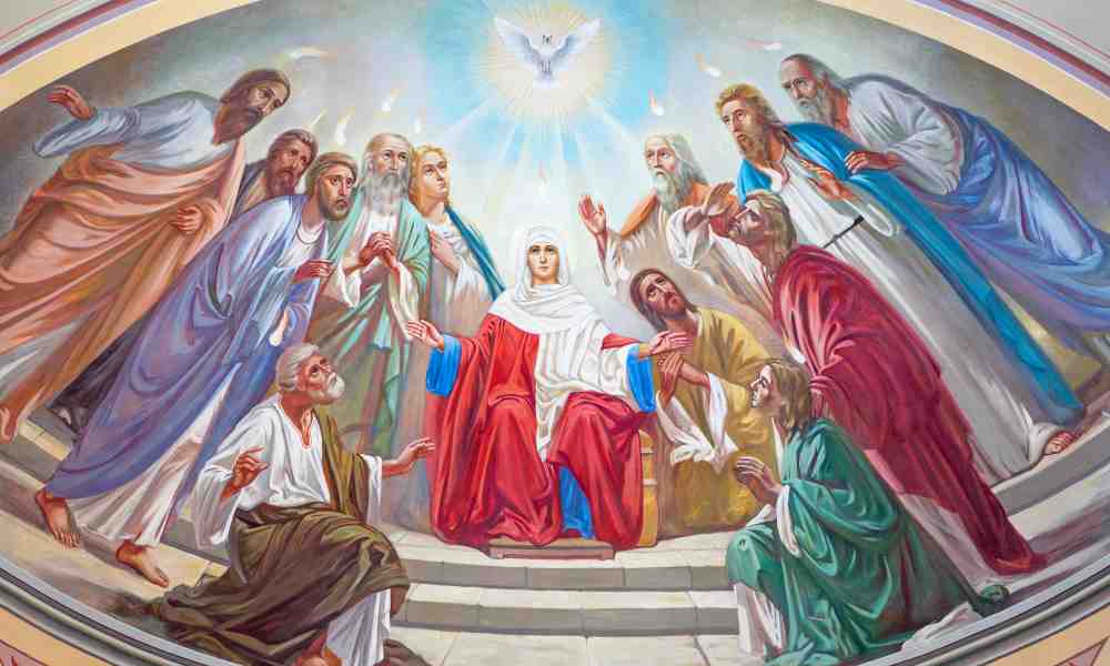 Freskoon on kuvattu Pyhän Hengen vuodatus apostolien ja Neitsyt Marian päälle